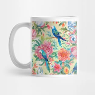 Flowers and Budgies on yellow watercolor painting Mug